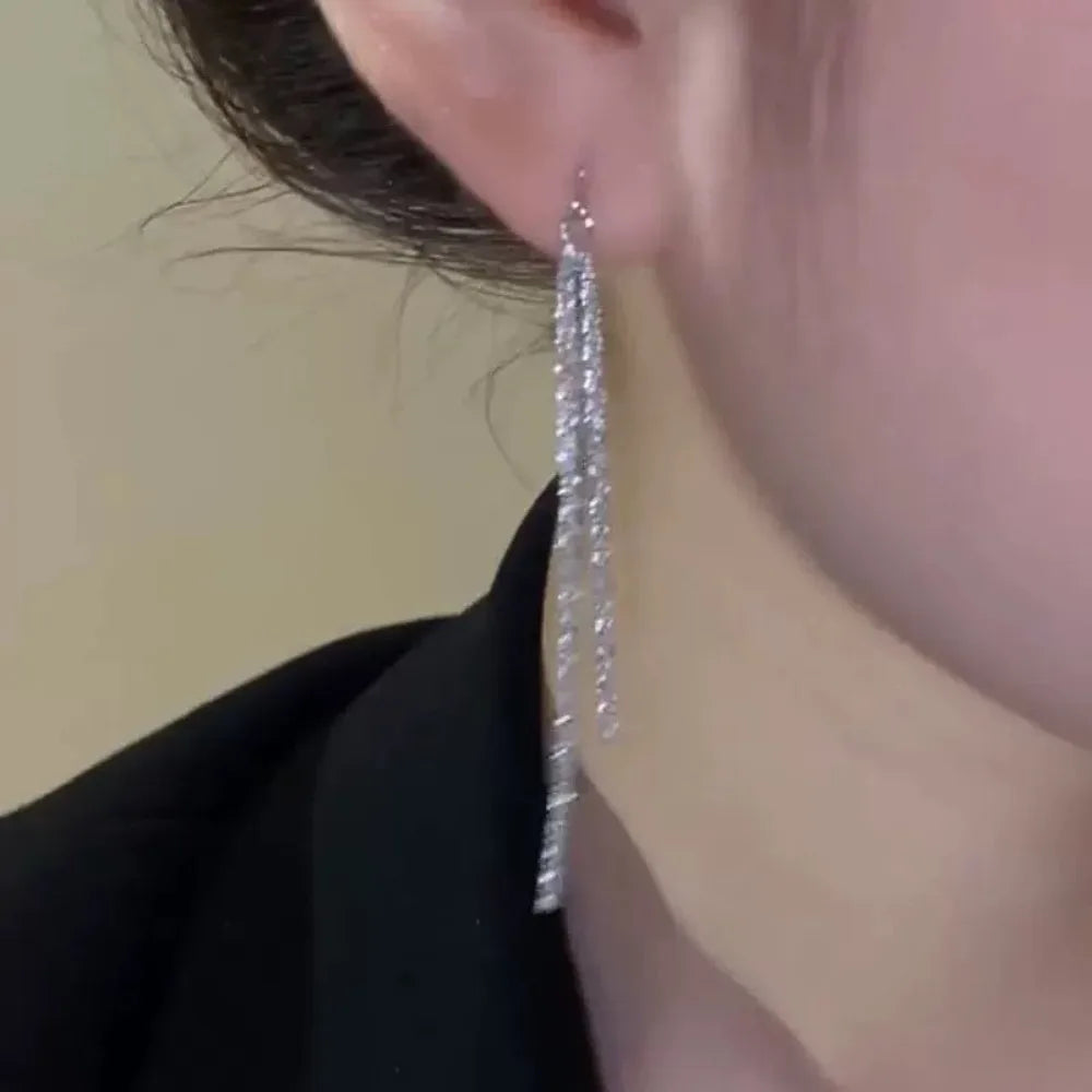 Classic Fashion Long Tassels Shiny Silver Color Drop Dangle Earrings