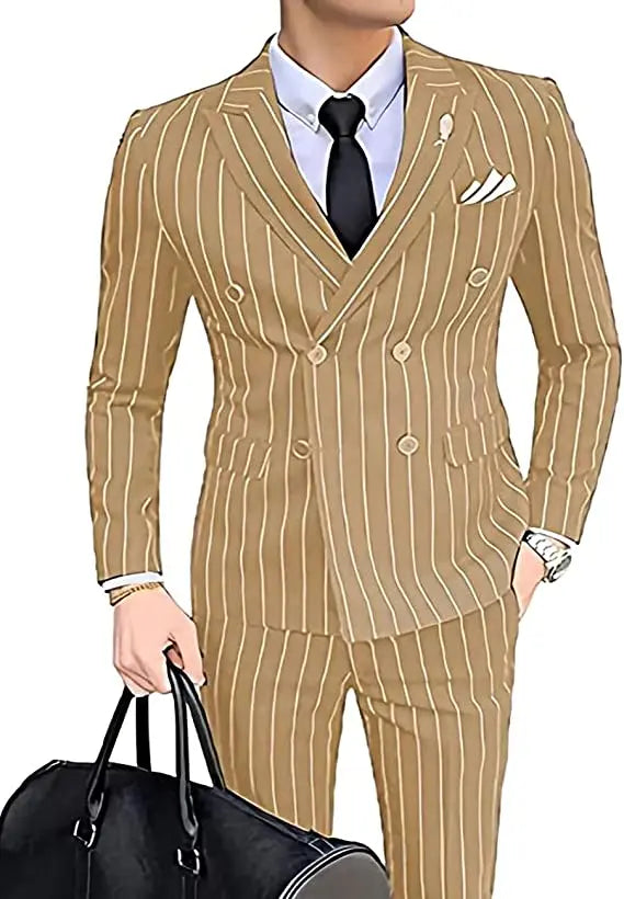 Double-breasted Wedding Groomman Pinstripe Notched Lapel For  (Blazer+Pants)