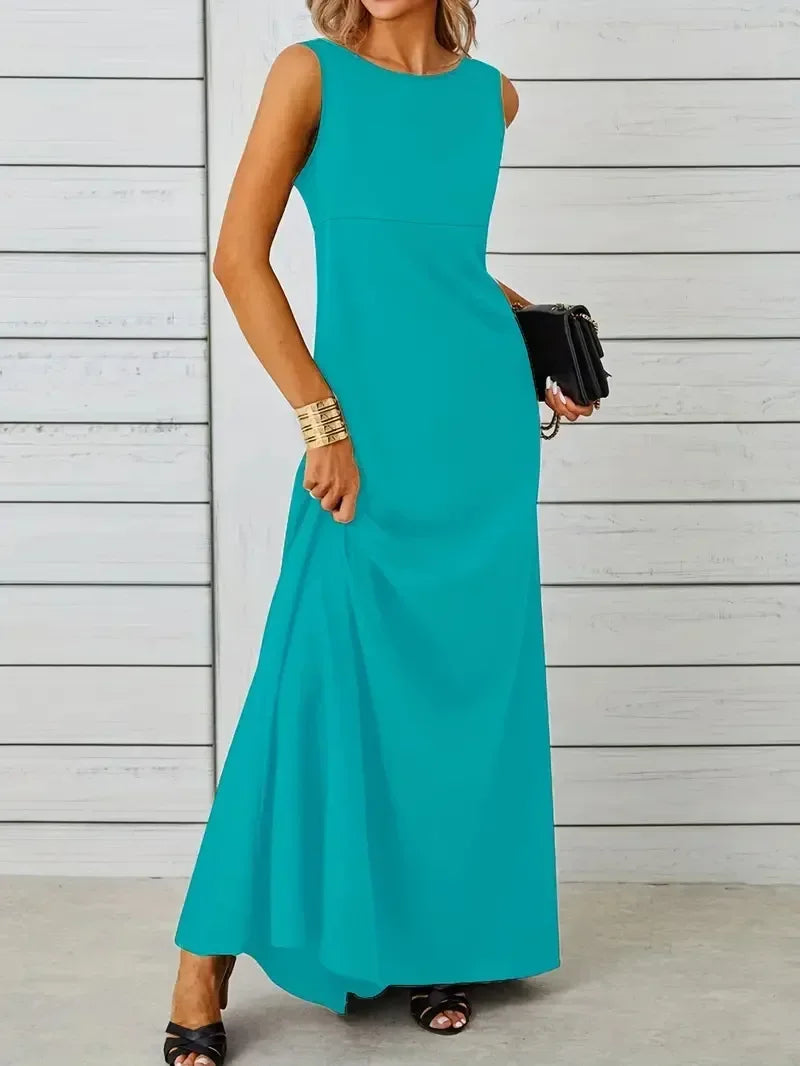 2026 Summer Elegant  Fashion Solid Sleeveless O-neck Slim Maxi Dress