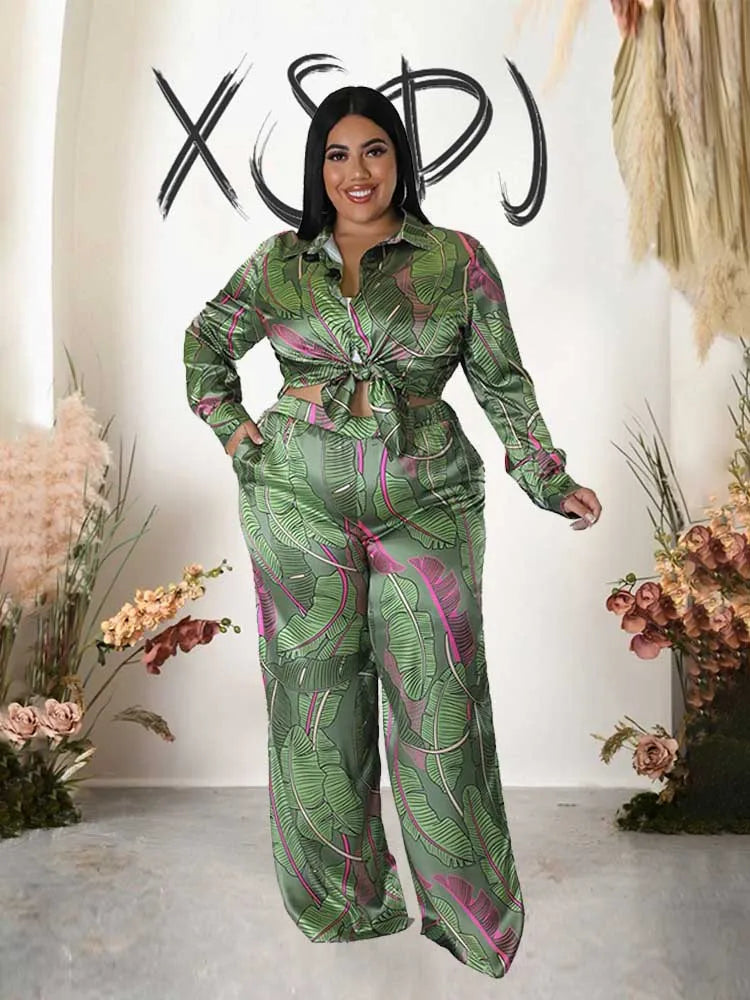 Plus Size Autumn Shirt Blouse and Straight Trouser Print