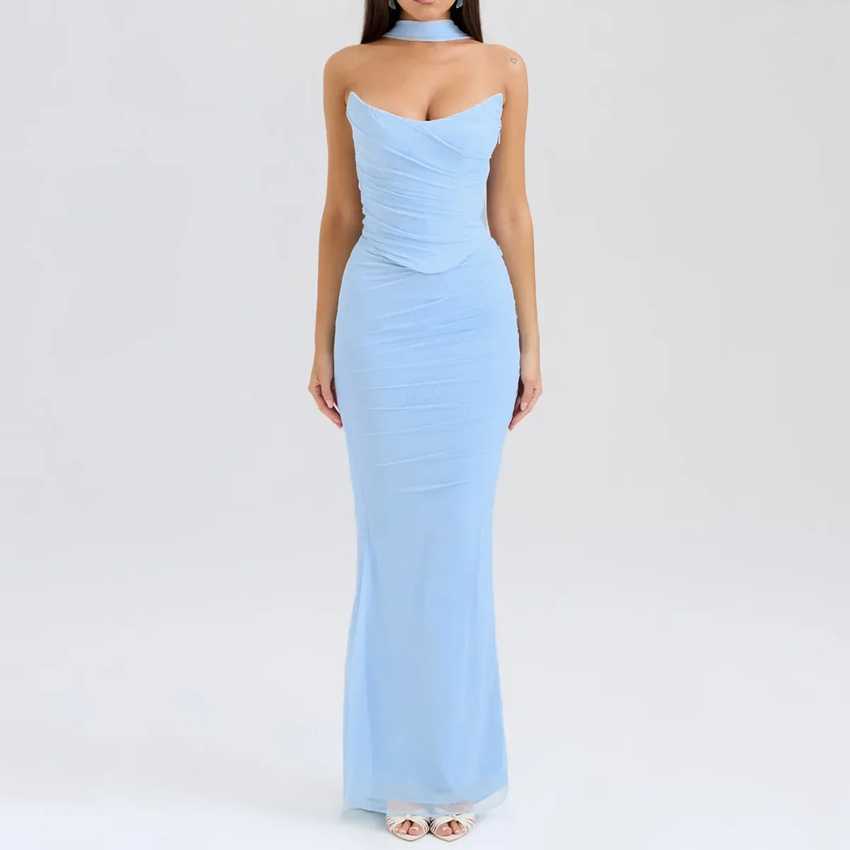 Elegant Sexy Cropped Top and Long Dress Set with Scarf