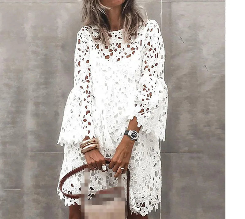 Summer NEthnic Style Sexy Lace Hollow Fashion Printed Temperament Long Sleeve Short Casual Dress