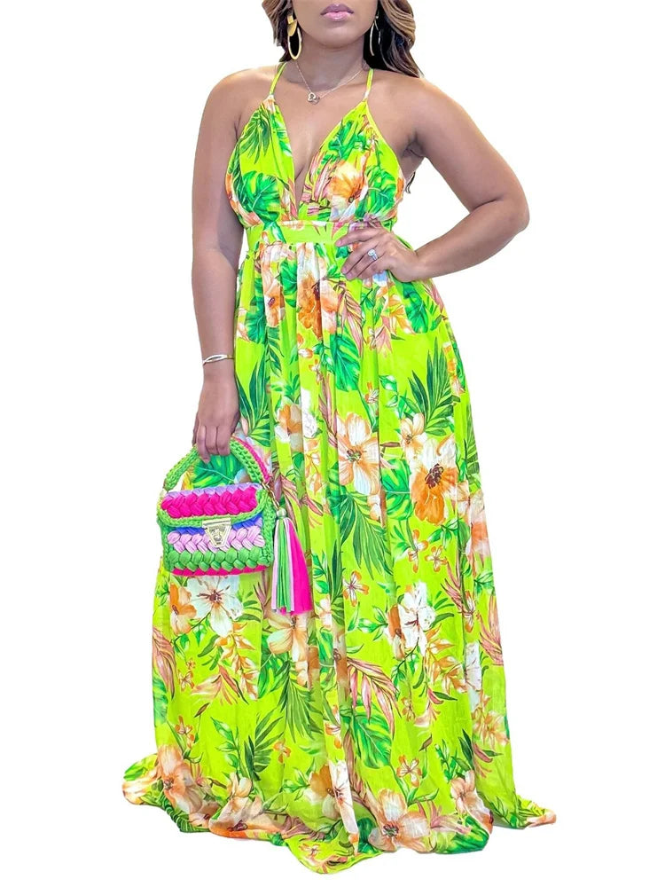 Summer Floral Print V Neck Multi Sleeveless Maxi Dresses