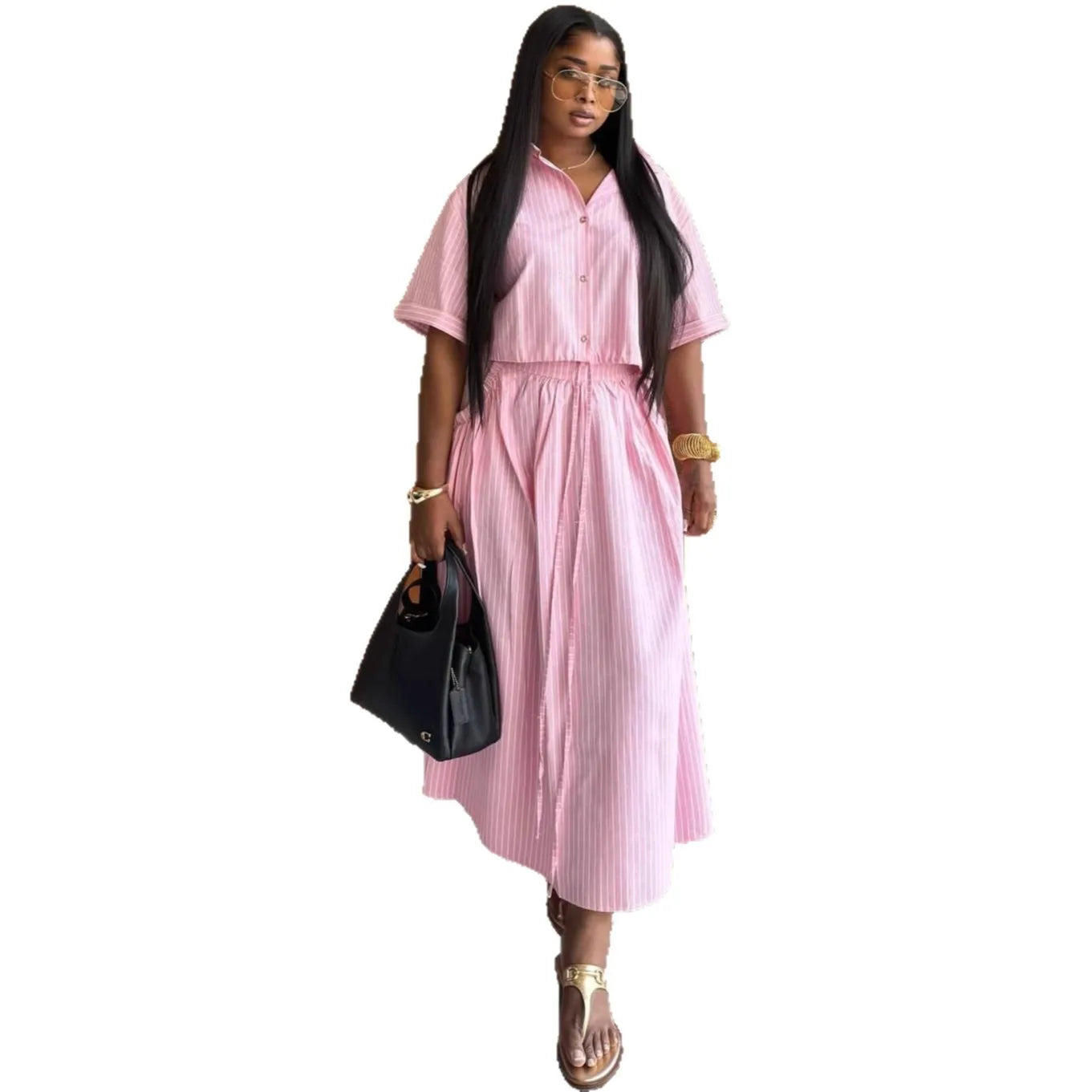 Women’s Striped Two‑Piece Summer Set – Button Shirt & Tie-Front Elastic Skirt