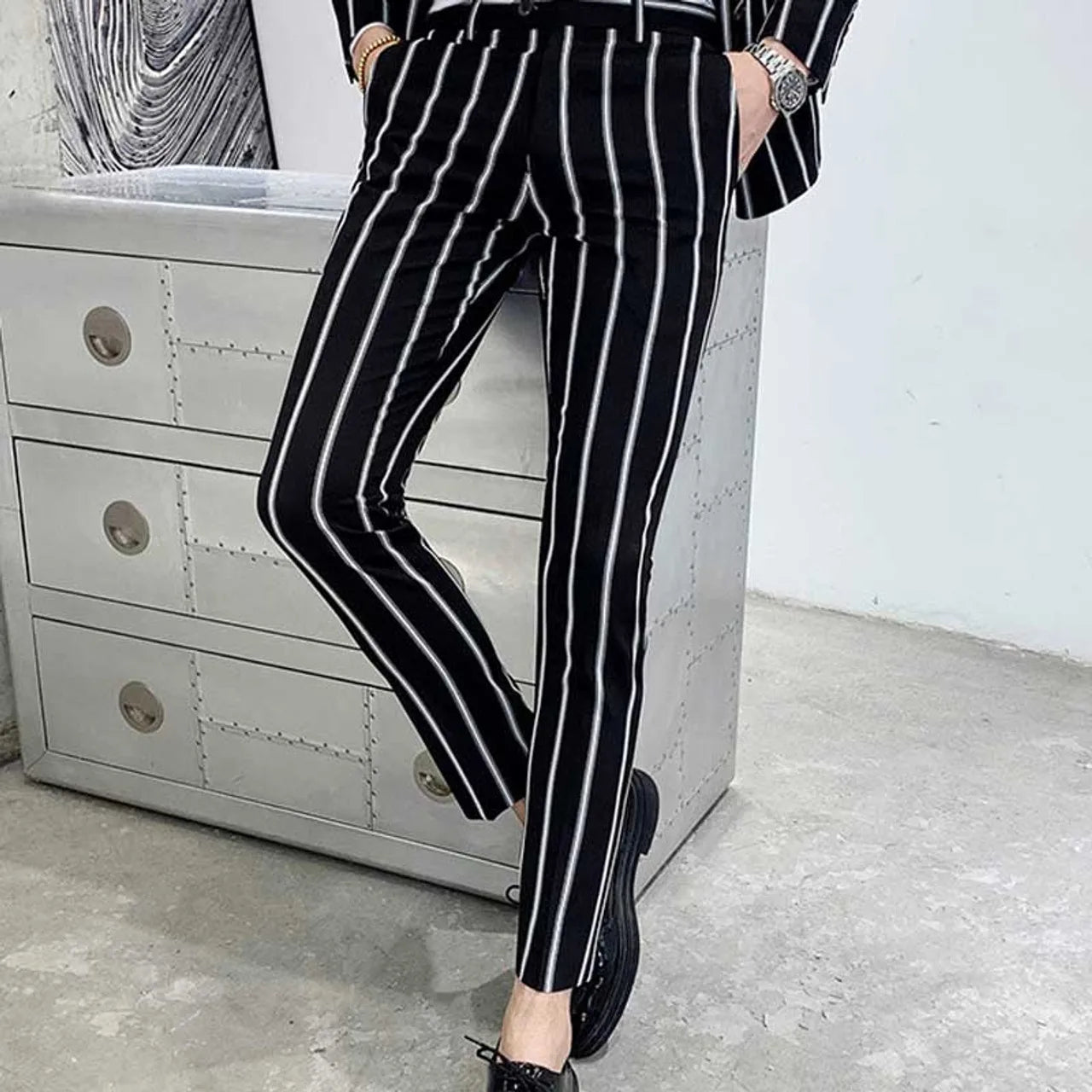 Double-breasted Wedding Groomman Pinstripe Notched Lapel For  (Blazer+Pants)