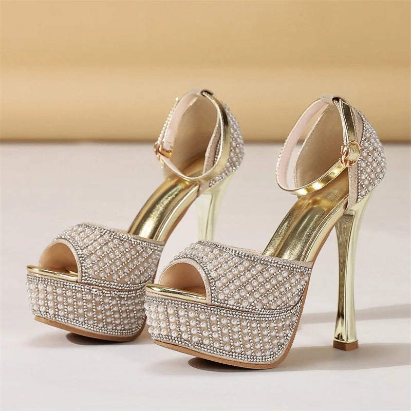 String Beads Buckle Strap Street Style Thin High Heels