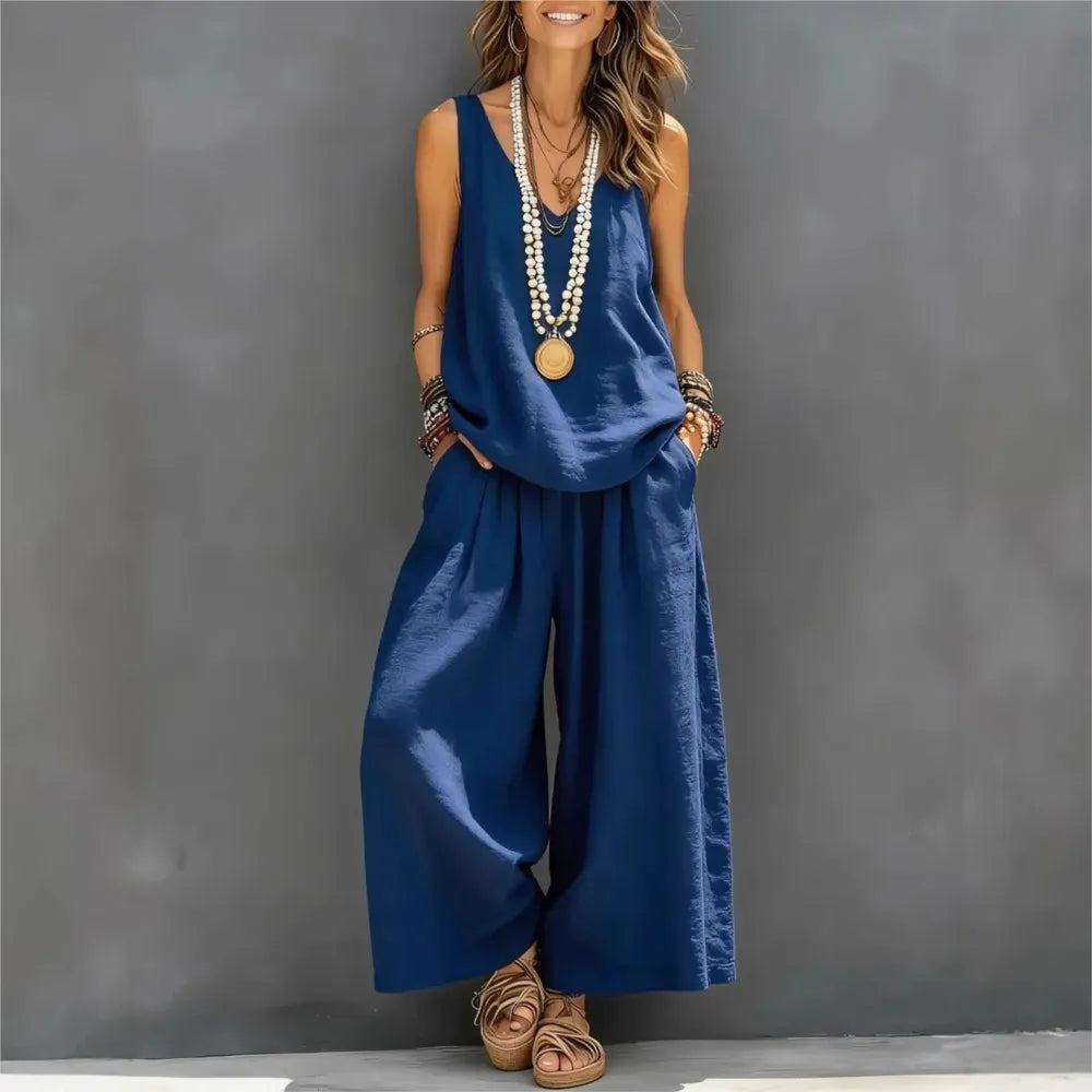 Casual Cotton Linen Vest Trousers 2-piece Summer New Fashion Loose Retro Simple Women's Vacation Wide-leg Trousers Set 2026