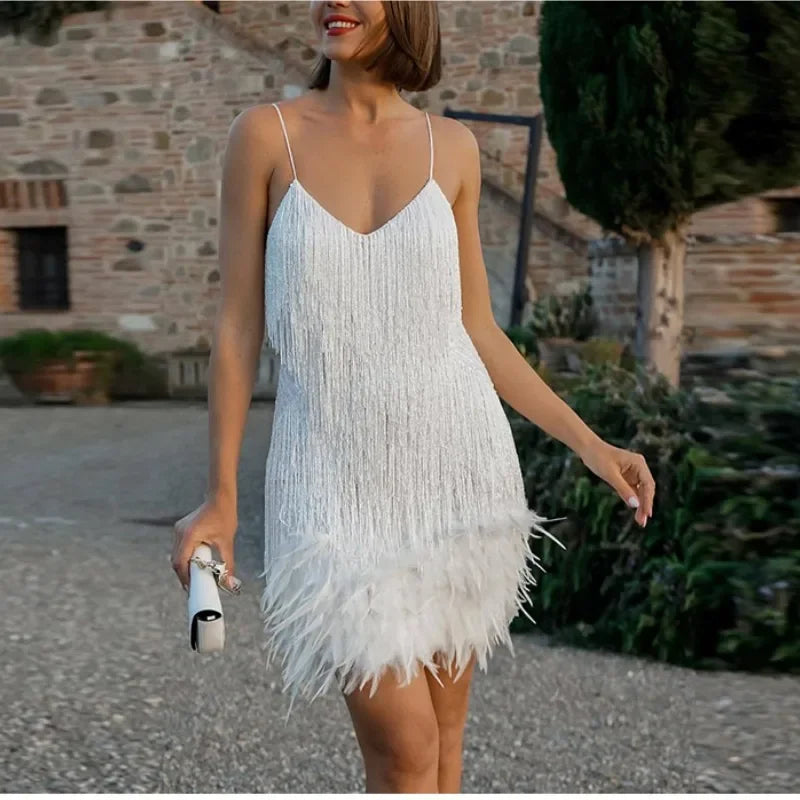 2025 New Sexy Tassel Sequins Feather Mini Dress
