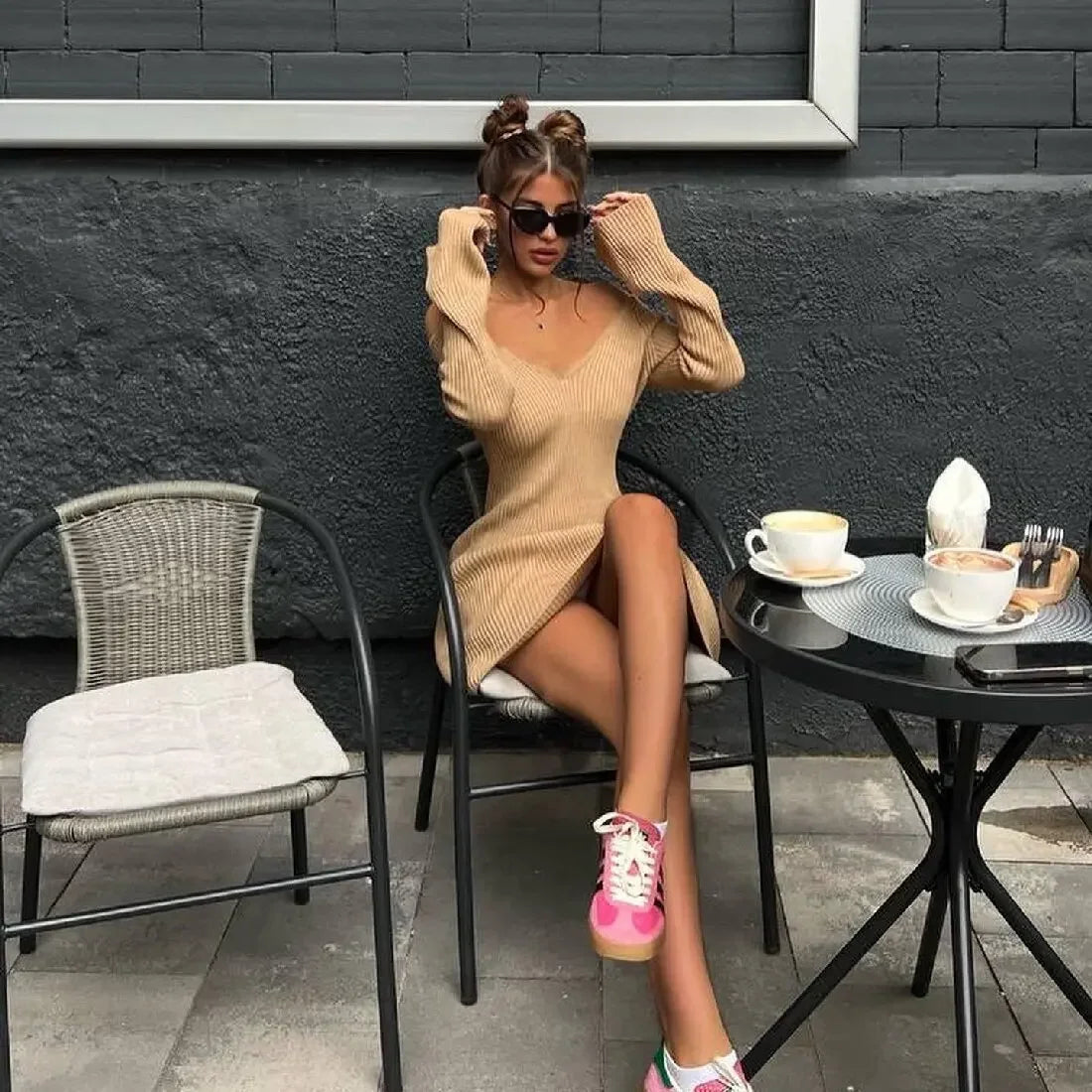 Knitted Off Shoulder V Neck Mini Dress