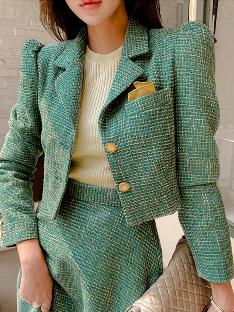 Stripe Vintage Lady Single Breasted Short Blazer Coat Suit Jacket High Waist Midi Skirt \