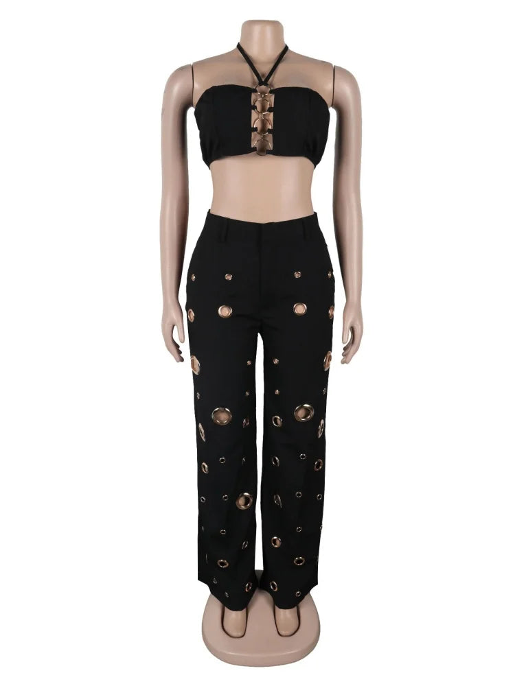 Two Piece Club Set – Cutout Crop Top & Matching Pants for Summer Nights