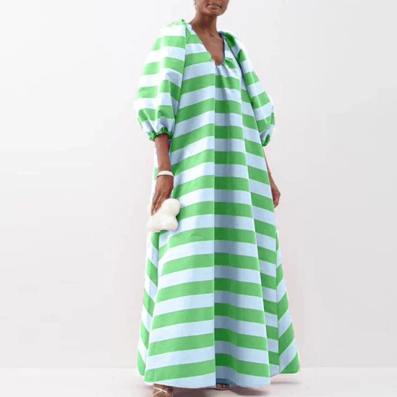 Autumn Loose Pullover Fashion Stripe Contrast Printed Maxi Dresses