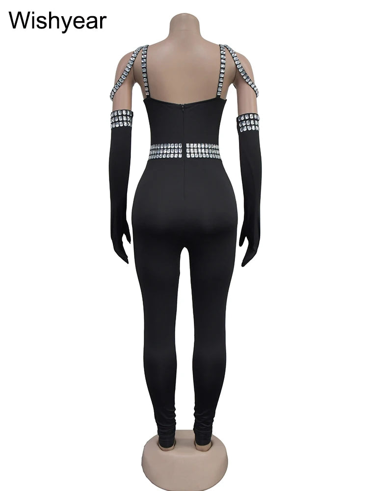 Sexy Backless Rhinestone Bodycon One Piece JumpsuitvWith Gloves