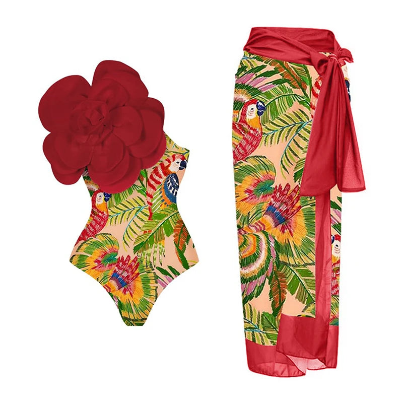 One-Shoulder Ruffled Print Floral Swimsuit Set Cover Up