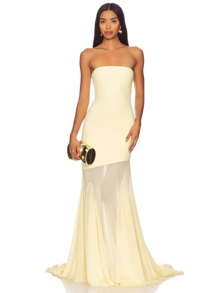 Sexy Strapless Mesh Patchwork Long Dress