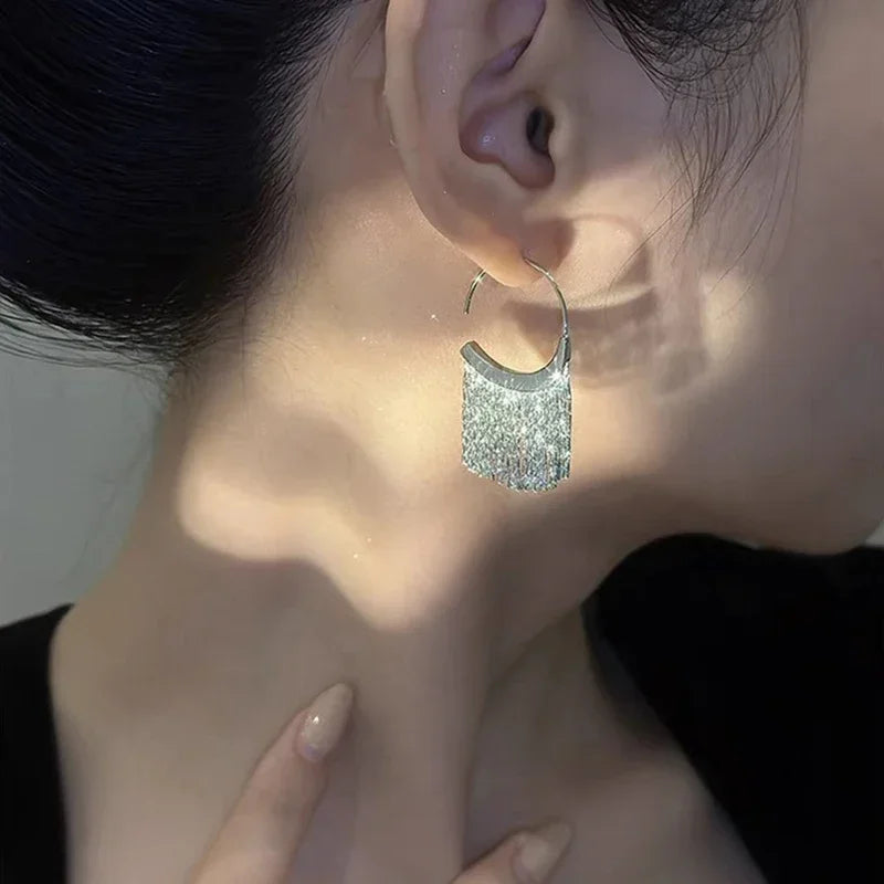 Square Blue Zircon Long Tassel Stud Earrings – Elegant Sparkle for Every Special Moment