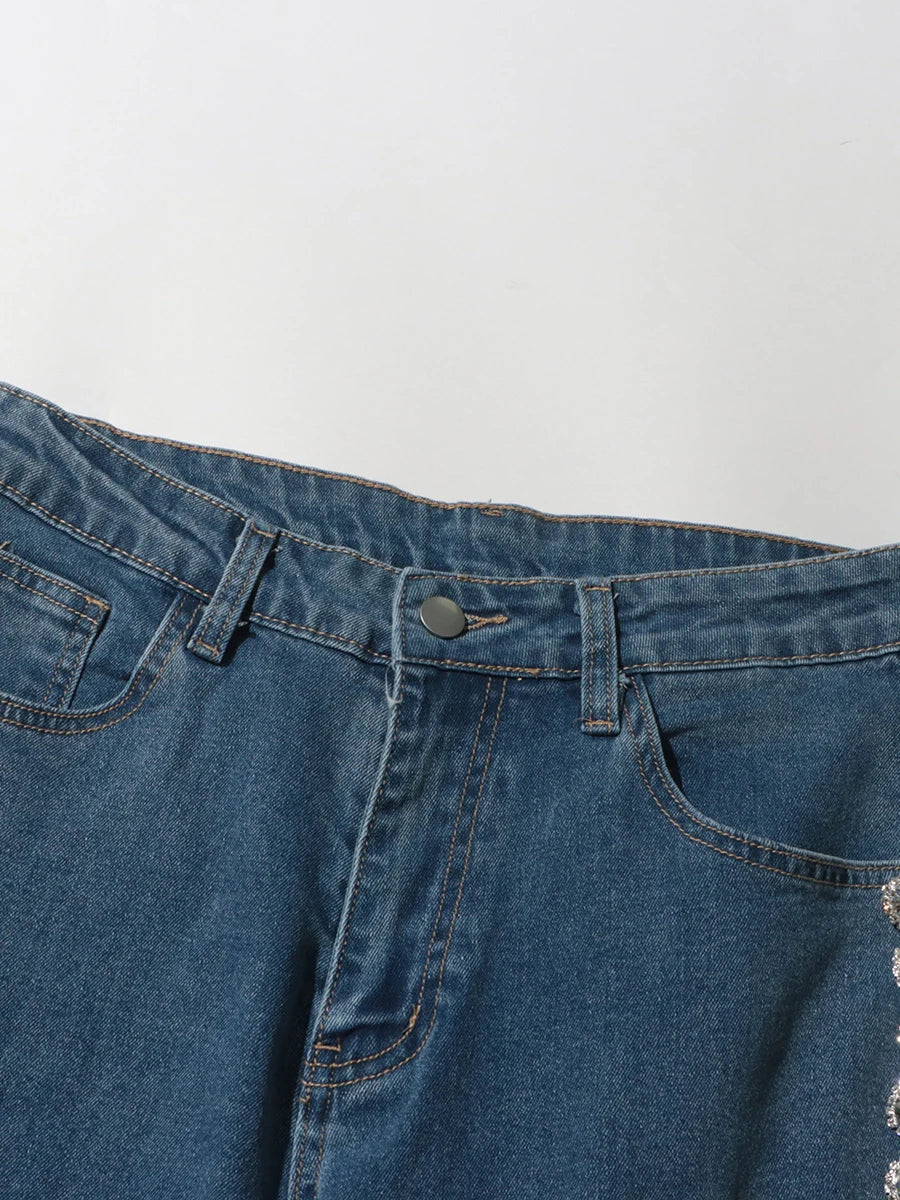 High Waist Spliced Solid Patchwork Diamonds Straight Jeans