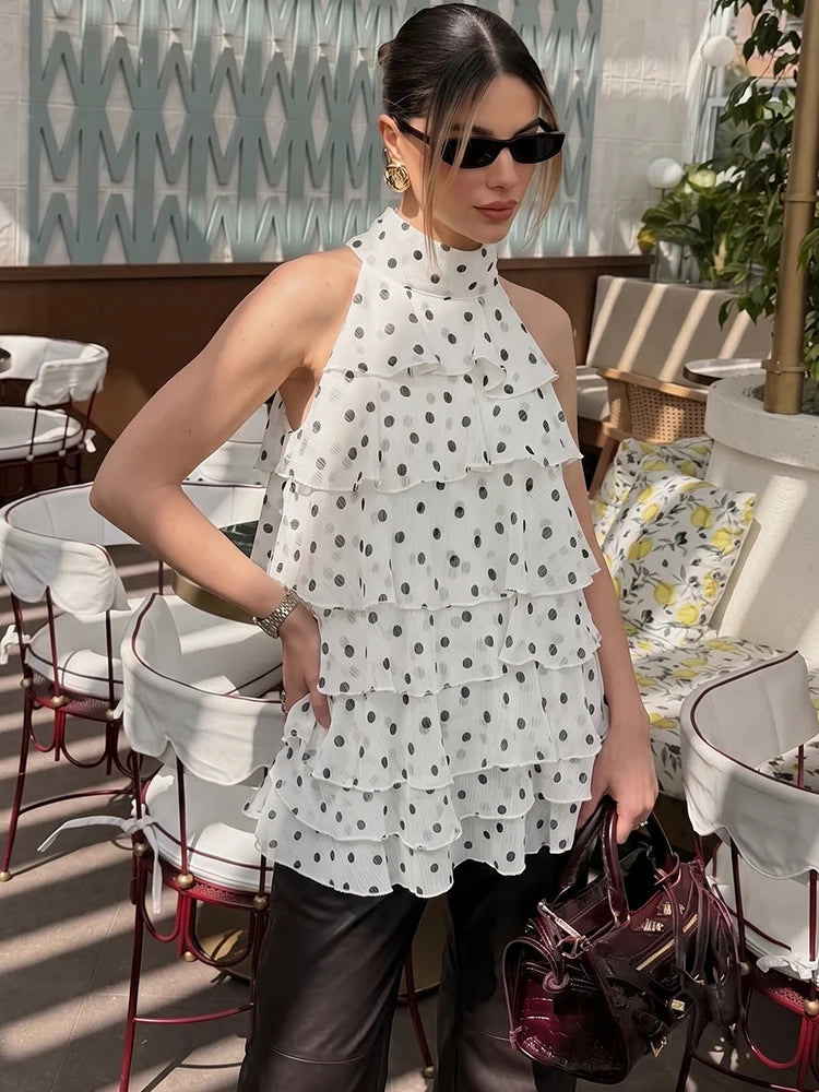 Elegant Ladies Halter Neck Ruffle Chiffon Blouse - Summer Wear