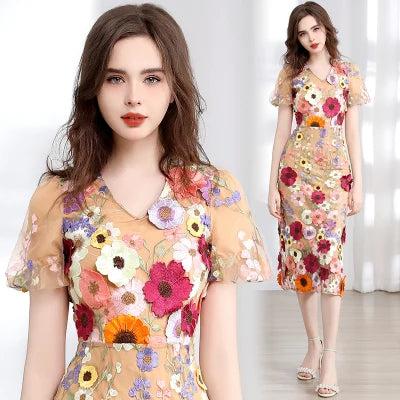 Summer High-end Embroidery Lace 3D Flower Short Sleeve Long Dress
