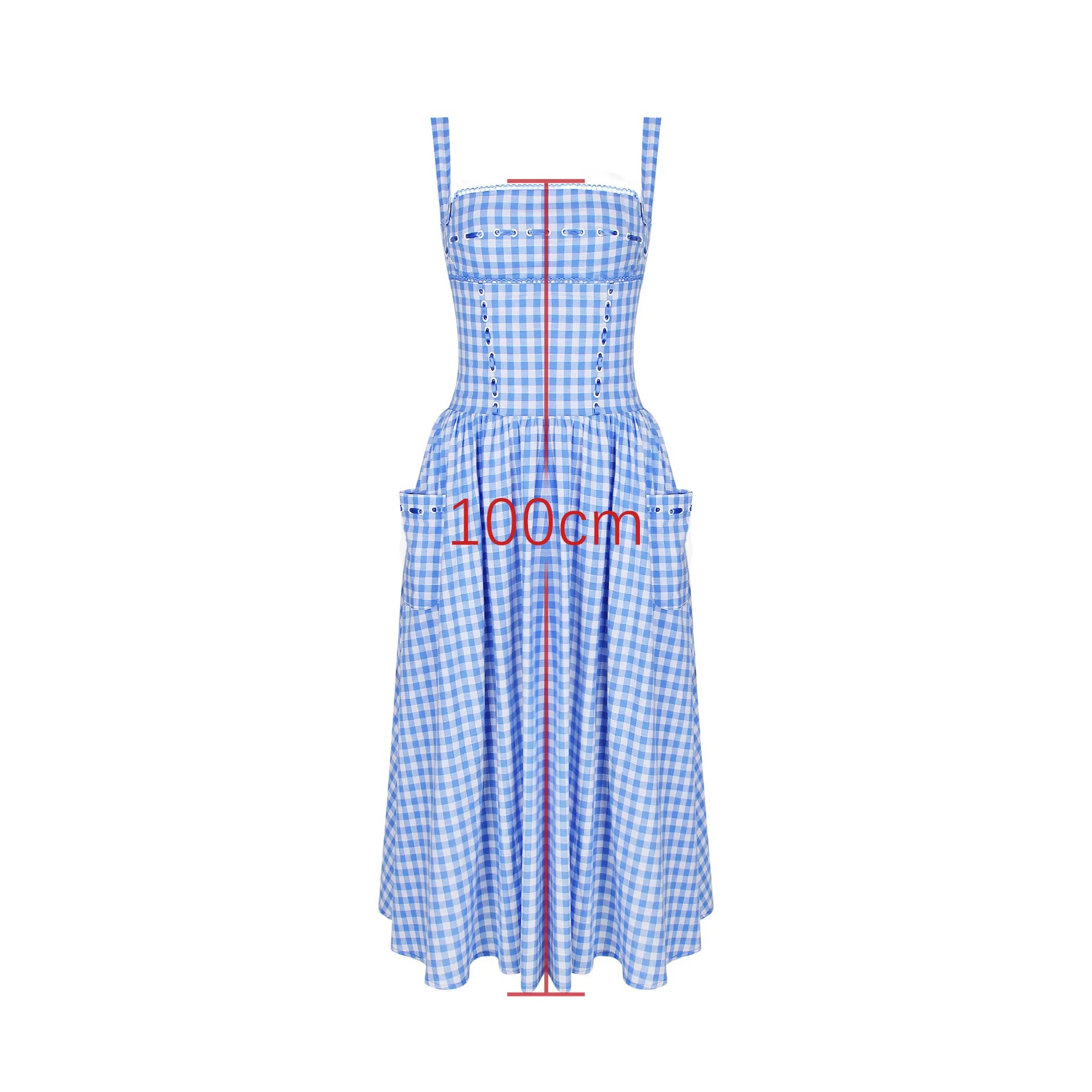 Midi Blue and White Plaid Dress with Pocket