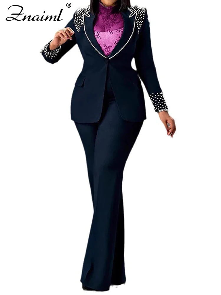 Pearls Blazer Coat and Straight Pants Matching Sets