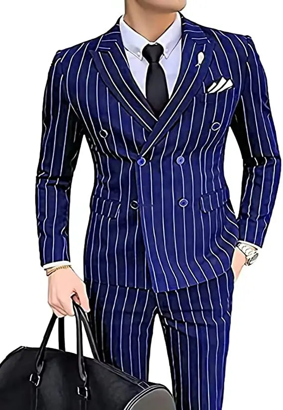 Double-breasted Wedding Groomman Pinstripe Notched Lapel For  (Blazer+Pants)