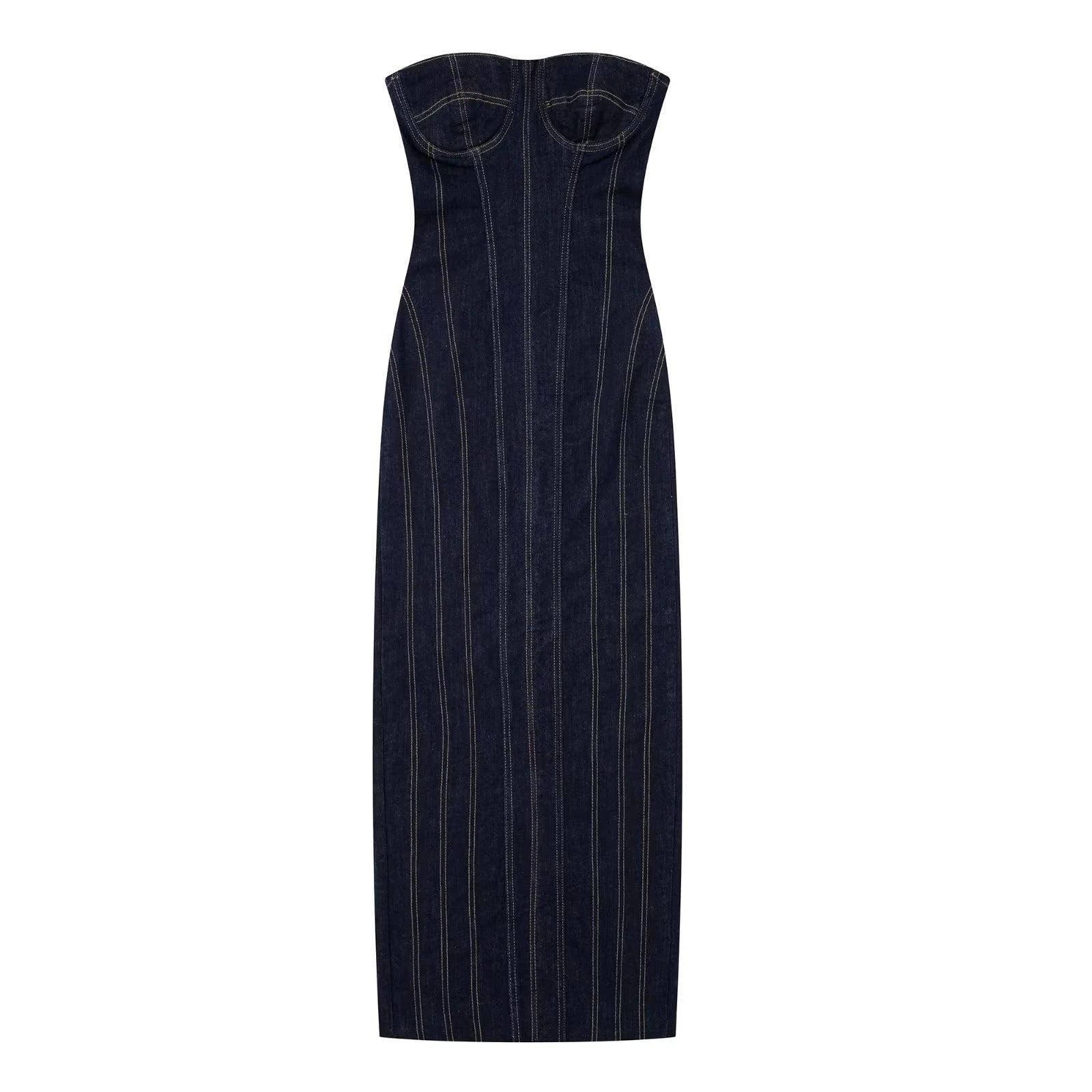 Elegant Female Chic Striped Split design Slim Denim Dress