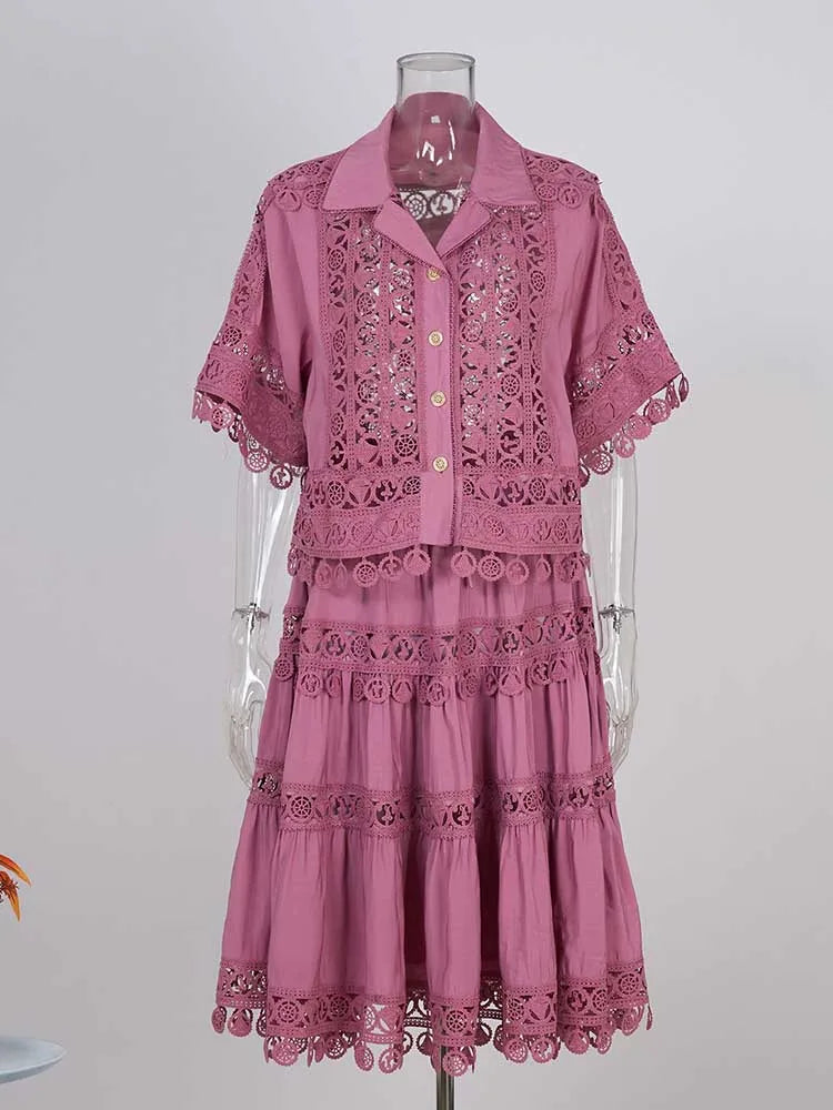 Summer Color Elegant Shirt Skirt Set