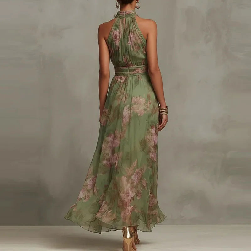 Elegant Floral Halter Off-Shoulder Chiffon Maxi Dress – Boho Summer Party & Beach Favorite