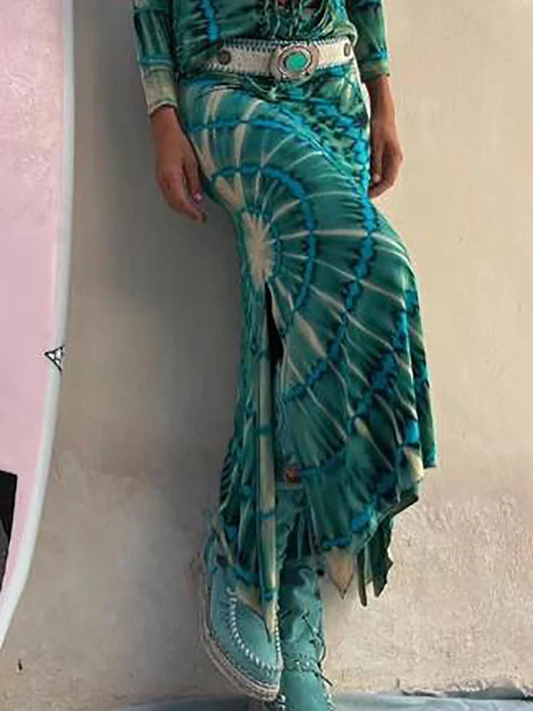 Spring Summer Printing Patchwork Maxi Skirts