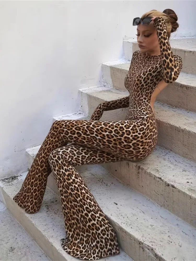Printed Long Sleeve Backless Jumpsuit