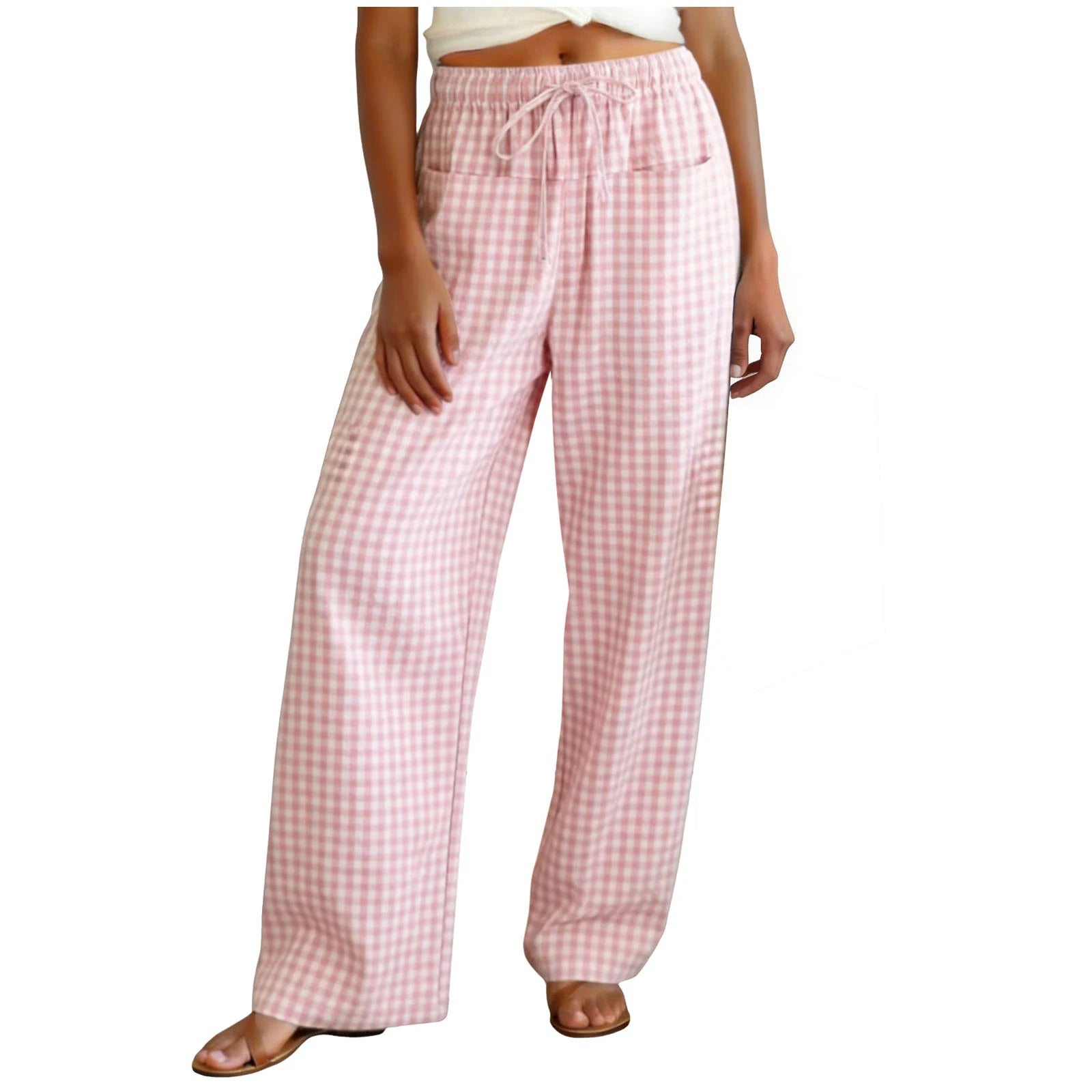 High Waisted Wide Leg Plaid Drawstring Casual Trousers