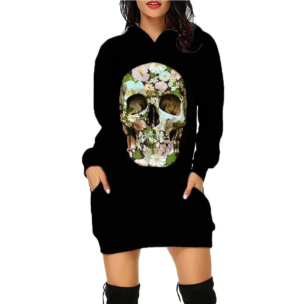 New 3D Print Skull Long sleeved Pullover Fashion Mid length Hoodie Dress