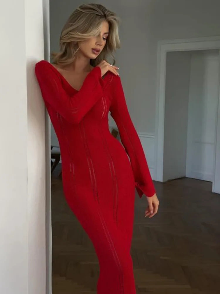 Elegant Knitted Sweater Long Sleeved V-neck Dress