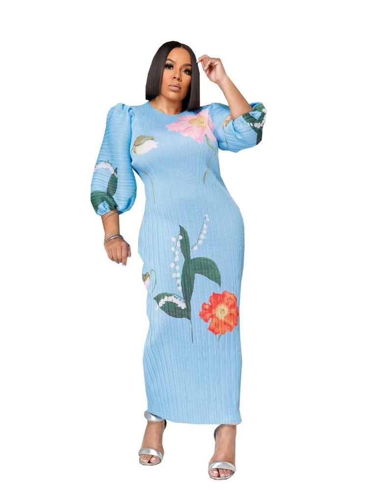 High Grade Lantern Sleeve Pleated Flower Print Round Neck Maxi Dress