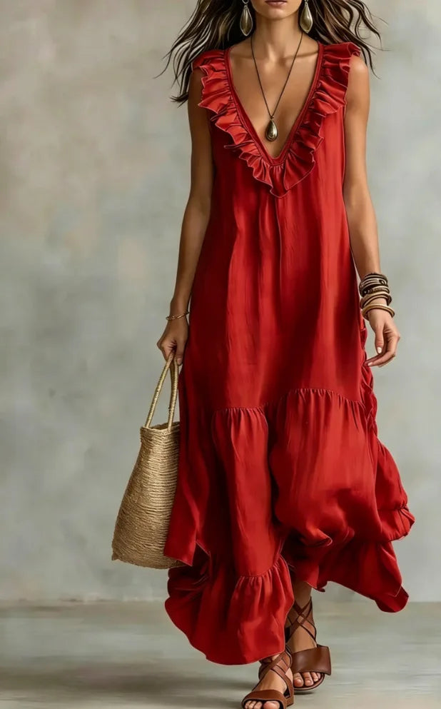 New Women's Casual Sleeveless V‑Neck Large Swing Dress