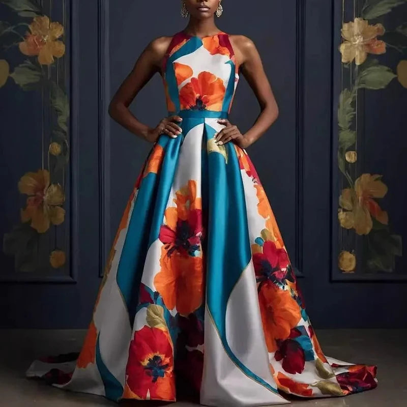 Sexy Sleeveless Flower Print High Waist Long Dress