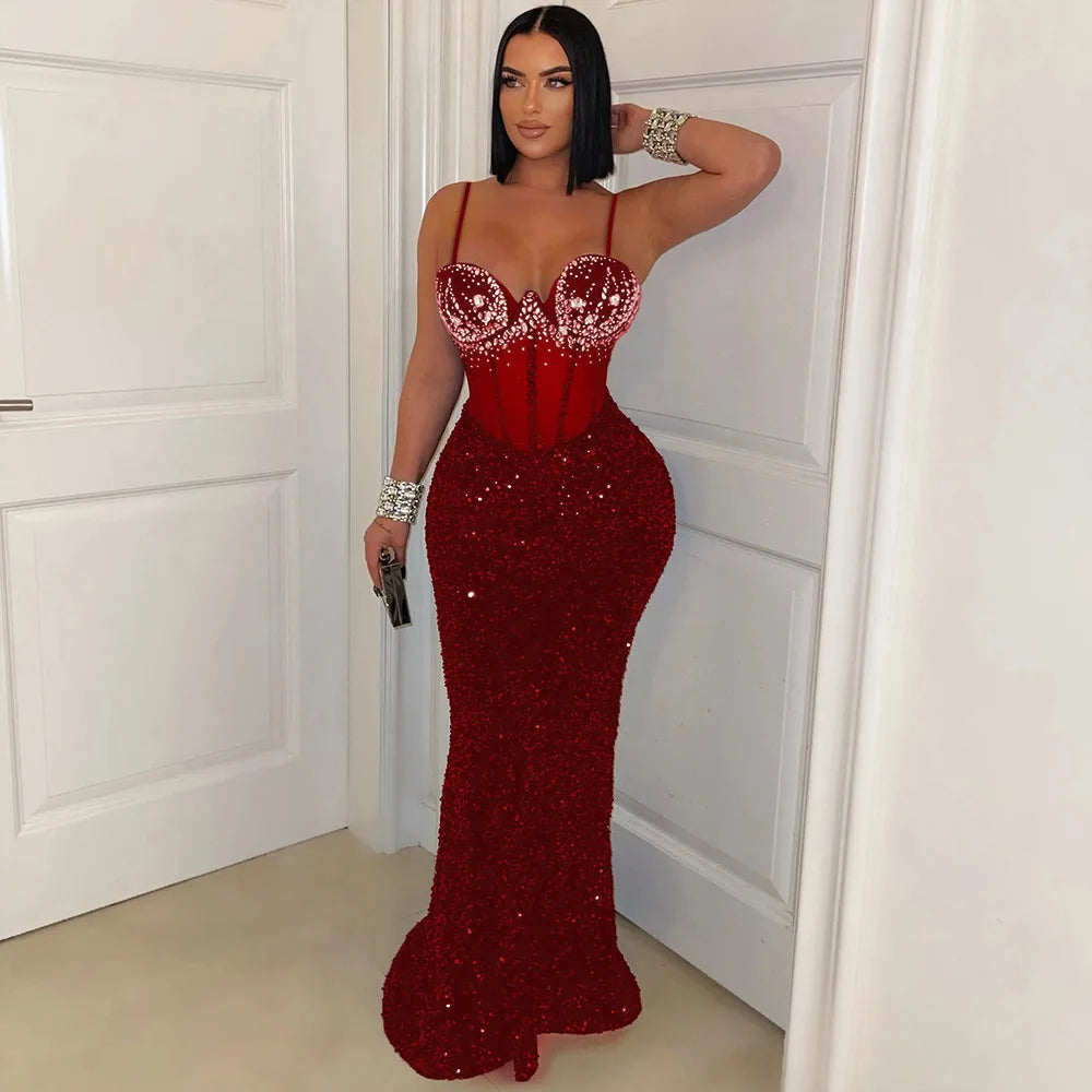 Sexy Mesh Velvet Diamonds Sequin Patchwork Long Dress