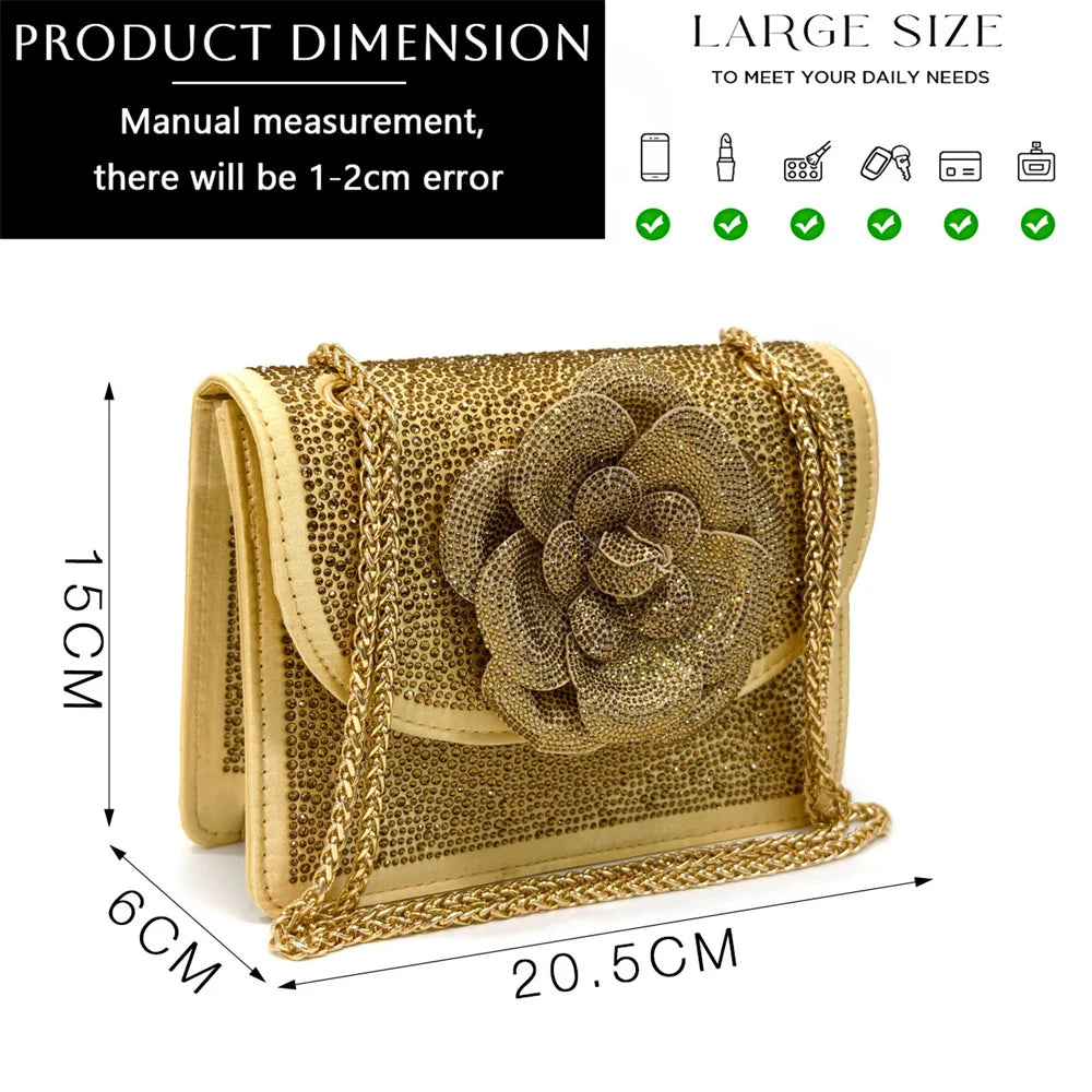 Italian Design Evening Shoes And Bags Paired With Handmade Petal Gold Colour Pointed Toe Mid-Heel Shoes For Women Party Shoes