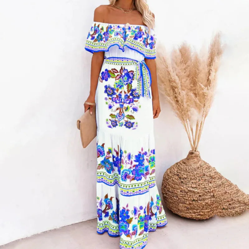 Spring Summer Red Floral One-Shoulder Lace-Up Maxi Dress