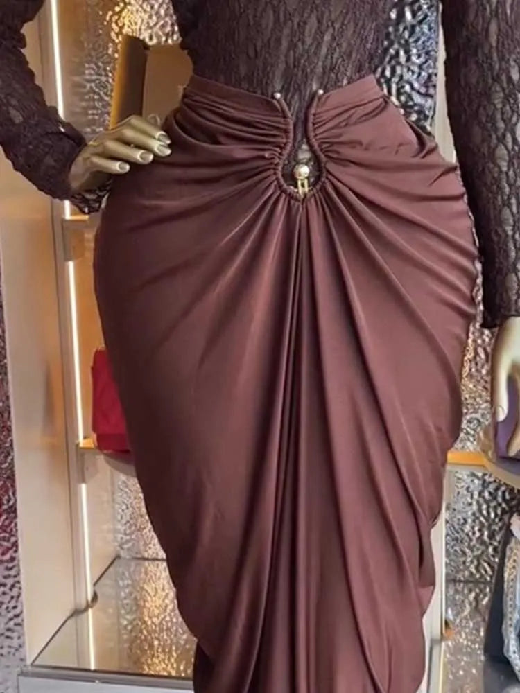 Brown Lace Top Long Sleeves Chic Pleated Long Skirt