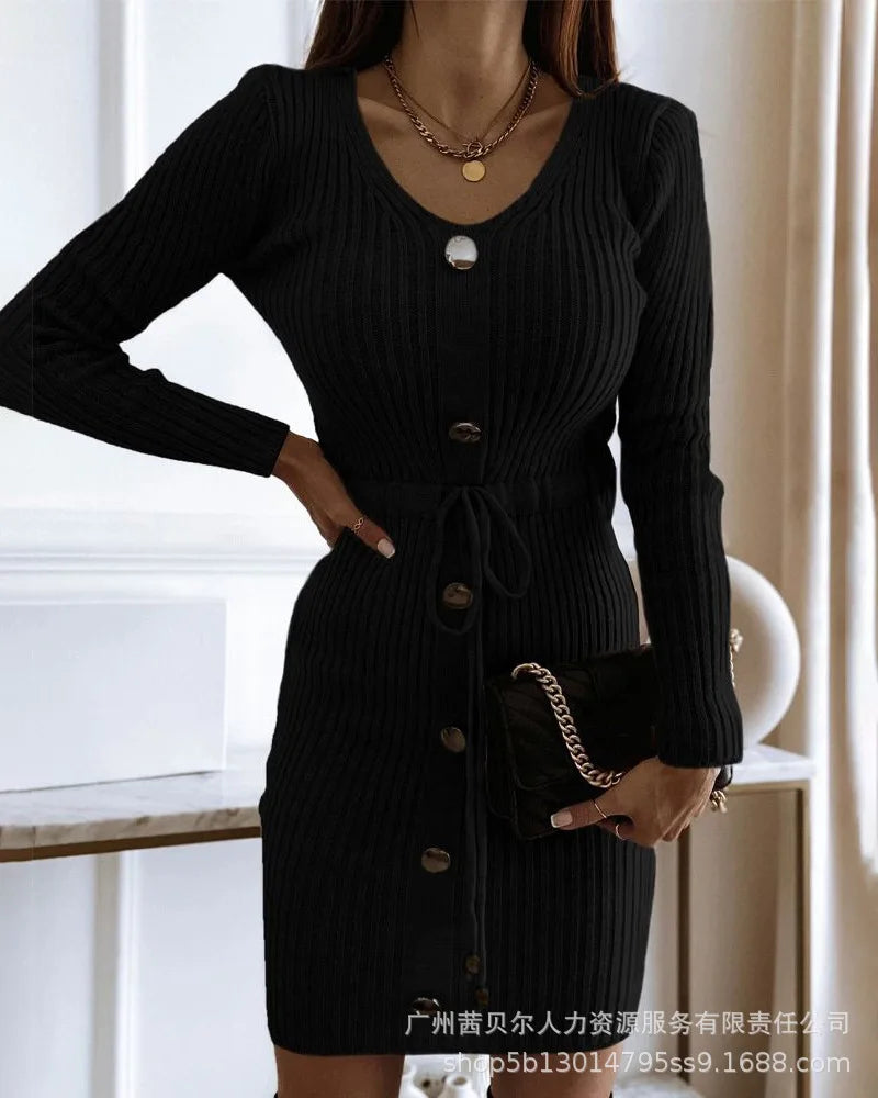 Knitted V Neck Full Sleeve Lace Up High Waist Drawstring Dress