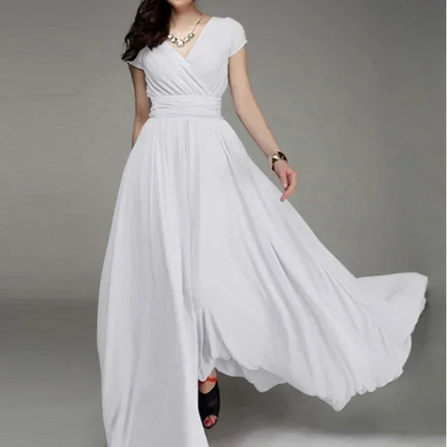 2025 Women's V Neck Short Sleeve Evening Party Dress Temperament Solid Colour Long Cocktail Chiffon High Waist Summer Dresses