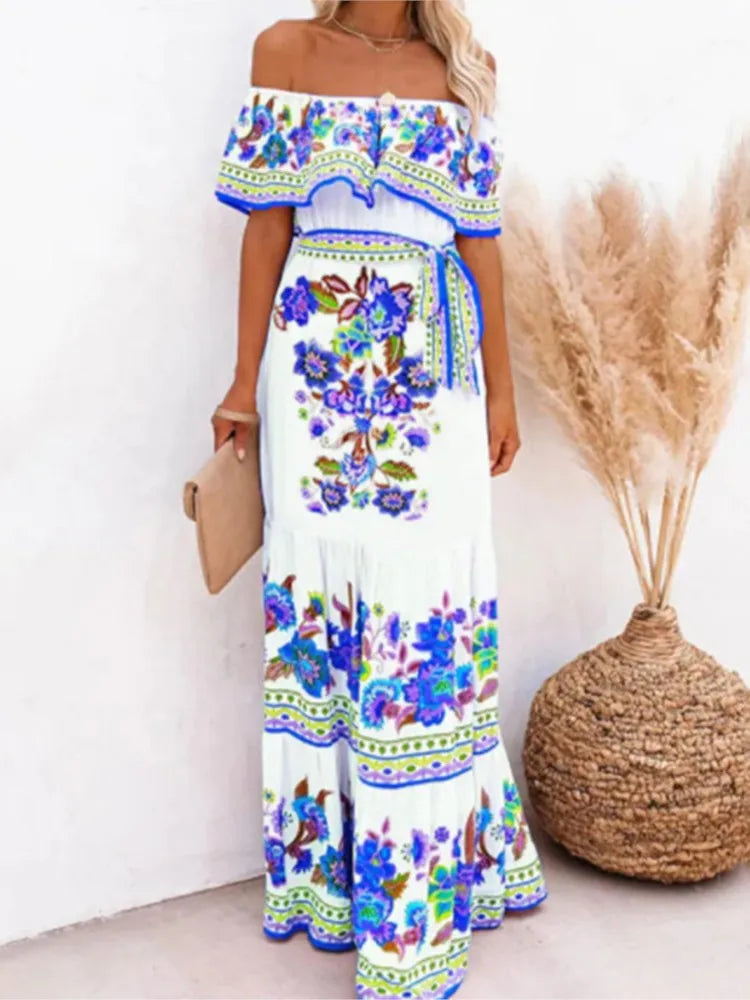 Spring Summer Red Floral One-Shoulder Lace-Up Maxi Dress