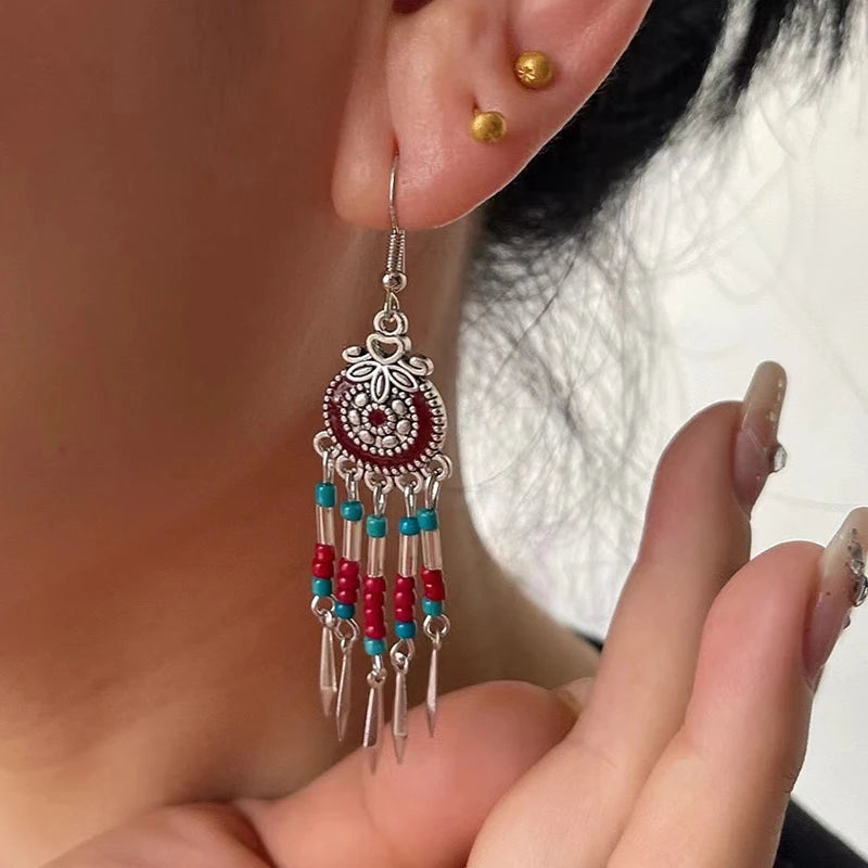 Bohemian Cute Drop Geometric Enamel Handmade Beads Tassel Vintage Boho Earrings