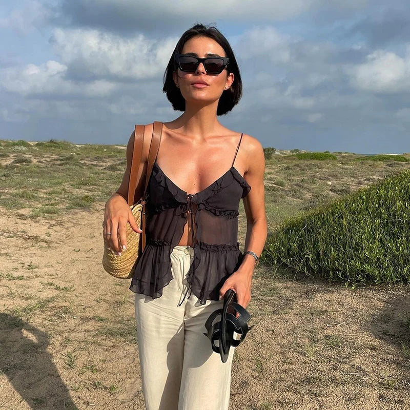 Summer Sleeveless Chiffon Tie Detail Cami Tops