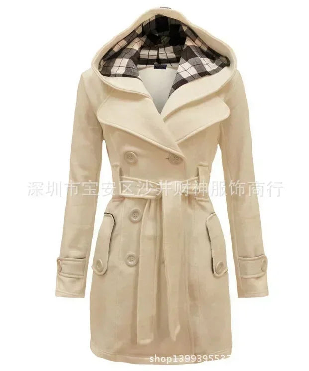 2026 Autumn Hooded  Double-Breasted Design Belt Side Pockets Plaid Splice Woolen Coats