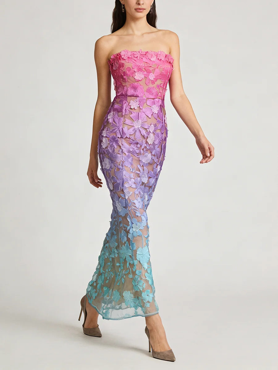 Gradient Spliced Embroidery Strapless Sleeveless Patchwork 3D Flower Long Dresses