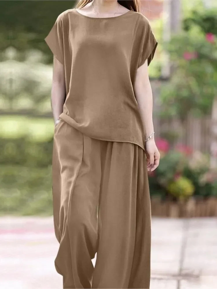 Retro Solid Color Loose Suit Short-sleeved Round Neck Casual Top Wide-leg Pants Sets