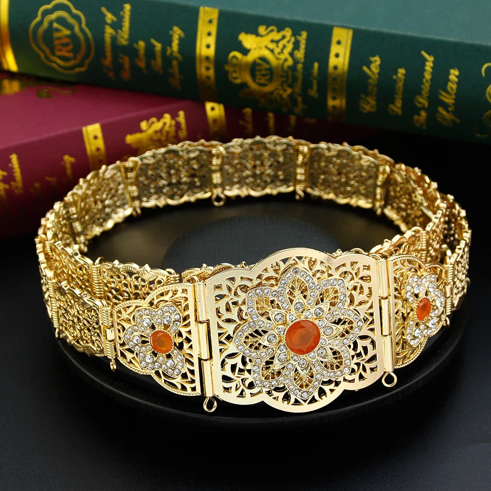 Gold Color Caftan Waist Chain Belt Orange Bead Choker Necklace Drop Earring Brooch